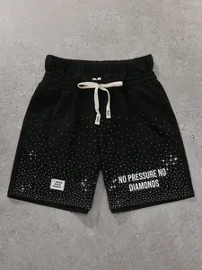 2026 Motivational Themed, Print Casual Shorts, Adjustable Drawstring, Unisex Oversized Five-Point Pants with 'NO PRESSURE NO DIAMONDS' & Rhinestone Gradient Design, Ideal for High Street Fashion, Daily Leisure, Streetwear Lovers