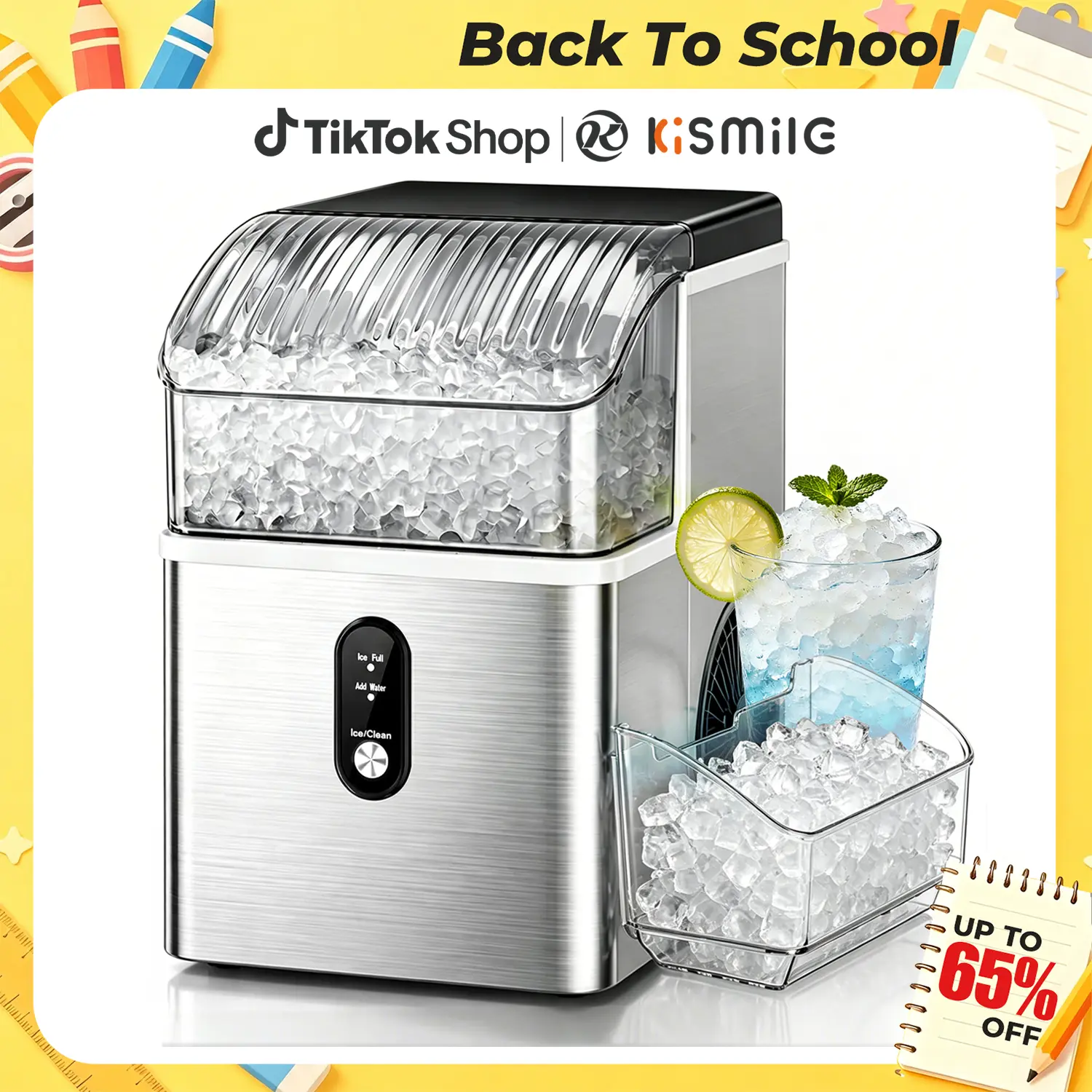 Kismile Countertop Nugget Ice Maker Machine, Portable Unit with Ice Machine Cleaner, 35Lbs/24H Production, 7-Mins Quick Making, Self-Cleaning, 1-Click Operation for Home Kitchen, Office, 35 Pounds/24H,home essentials