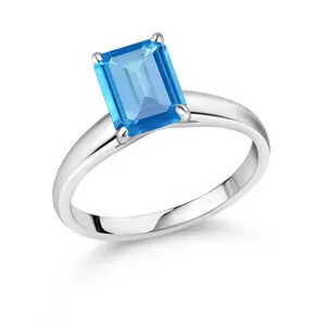 Gem Stone King 10K White Gold Gemstone Birthstone Solitaire Engagement Ring For Women | 7X5MM Emerald Cut | Wedding Anniversary Promise Gold Ring For Women | Available in Size 5,6,7,8,9
