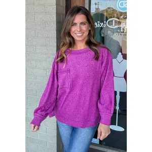 SALE-Zenana-Brushed Hacci Round Neck Sweater With Pocket