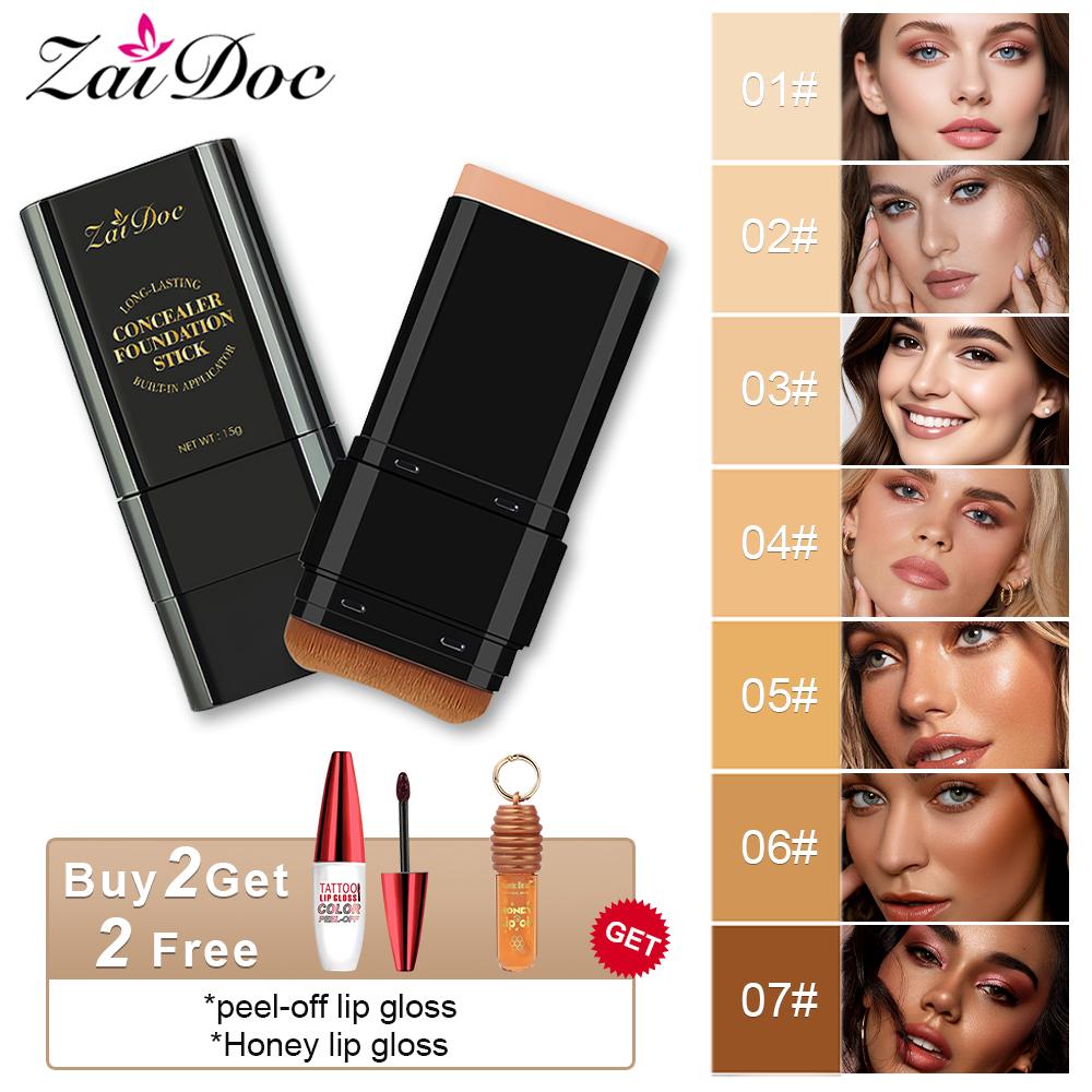 Zaidoc 7-color Dual -Ended Concealer Foundation Stick, 2-in-1 Long-Lasting Foundation and Concealer with Brush, Creamy Full Coverage for Dark Circles & Blemishes, Hydrating Olive & Camellia, 2.09 Oz