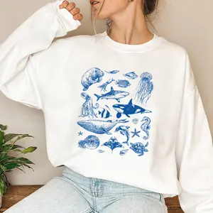 Vintage 90s Tattoo Sea Animal Sweatshirt | Retro Ocean Nature Graphic Sweatshirt for Women | Marine Life & Sealife Vintage Style | Beach Lover Unisex Sweatshirt | Menswear & Women’s Tops | Cotton Fabric Relaxed Fit Chic Style