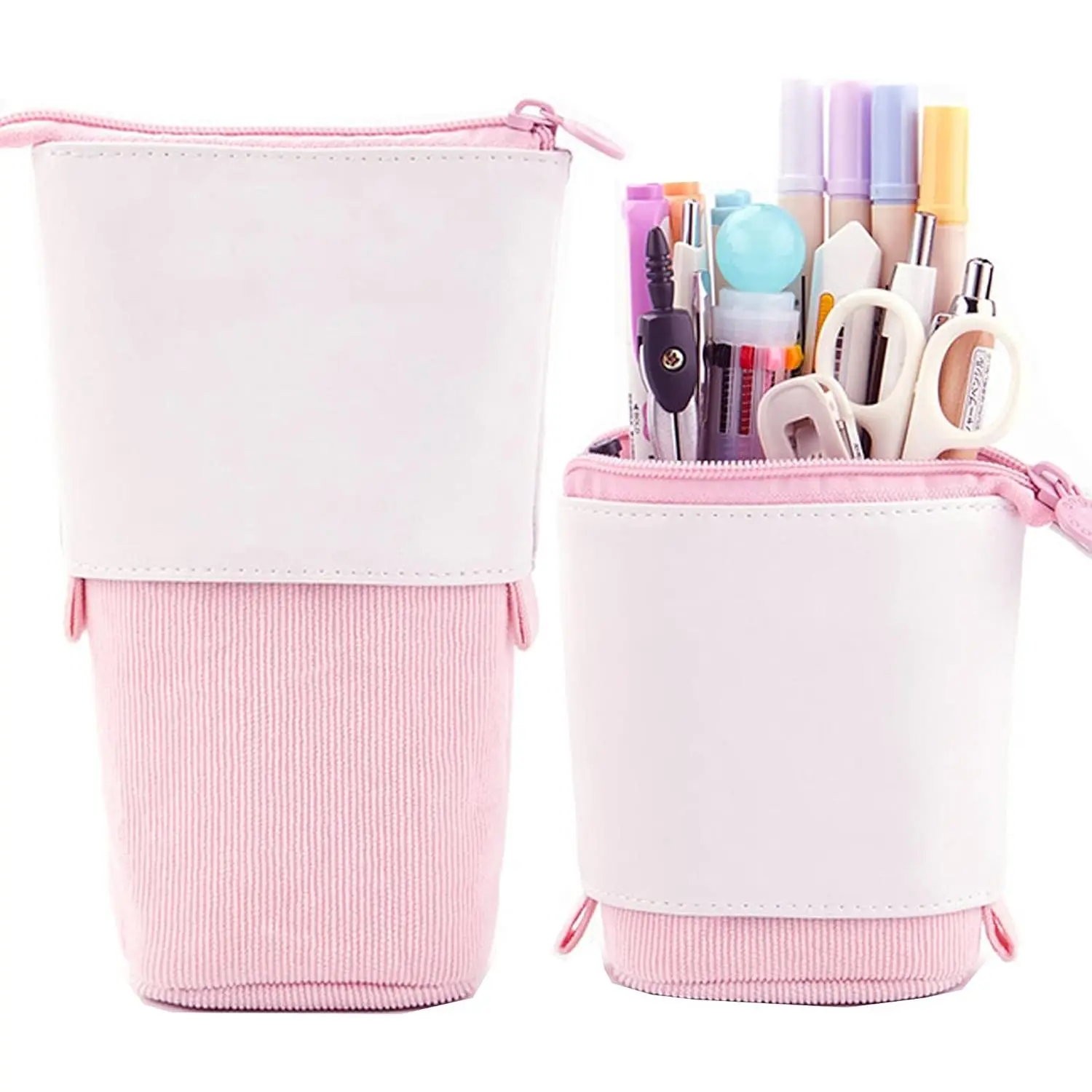 Telescopic Pencil Bag Pen Holder Stationery Case, PU Corduroy Stand-up Retractable Transformer Bag Colorful Organizer,  for Christmas Holiday (Pink)
