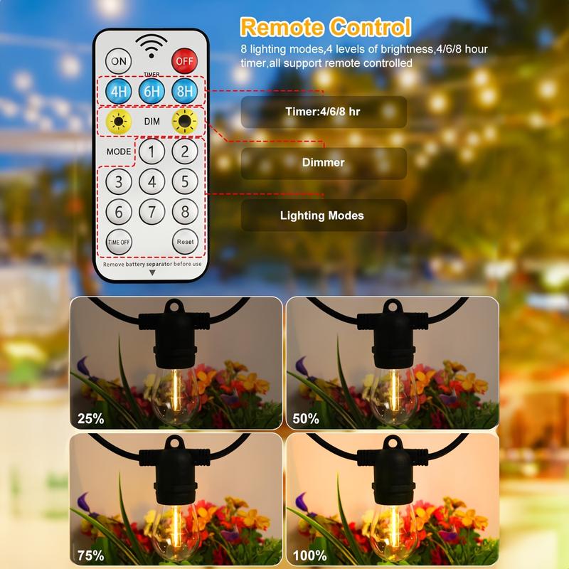 35FT Solar S14 Outdoor String Lights Warm White Waterproof Patio Light with Remote Control & 3W Solar Panel Up to 12H Runtime