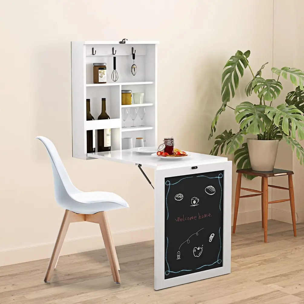 Foldable Wall Mounted Desk with Compartments Storage Cabinet and Blackboard, Modern Floating Folding Workstation Table with Laptop Tabletop for Home Office Living Room, White