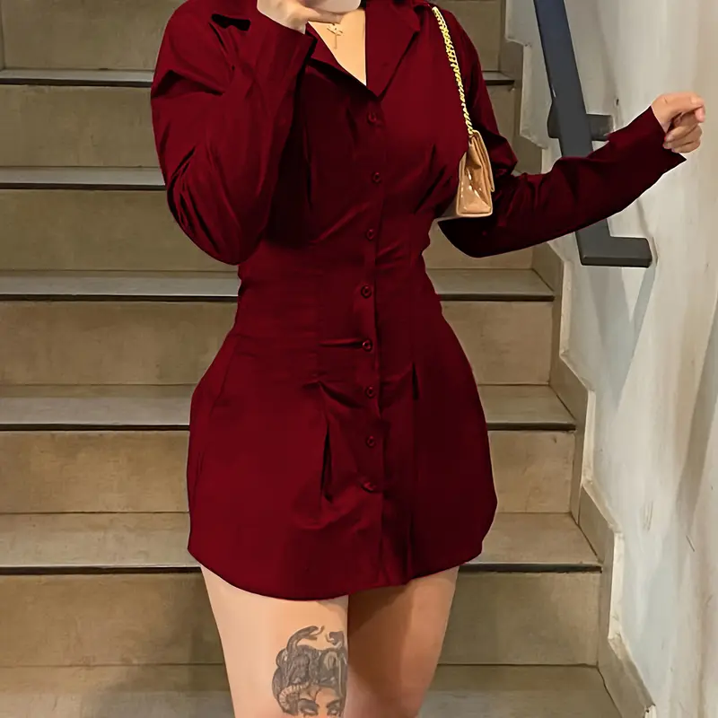 【Black Friday】Button Front Mini Dress, Long Sleeves, Asymmetrical Hem, Elastic Waist Design, Casual & Party Dresses, Teen Girls Street Style Date Night Dress
