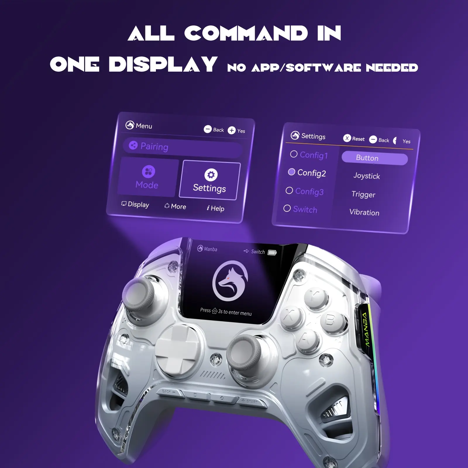 Interactive Screen Wireless Gaming Controller for PC/Switch/iOS/Android/Steam Deck, Hall Effect Stick & Trigger, RGB Lighting, Remappable Buttons, 1800mAh with Charging Dock -V2/White(No Drift). [Notice]Not Compatible with Xbox And PS5