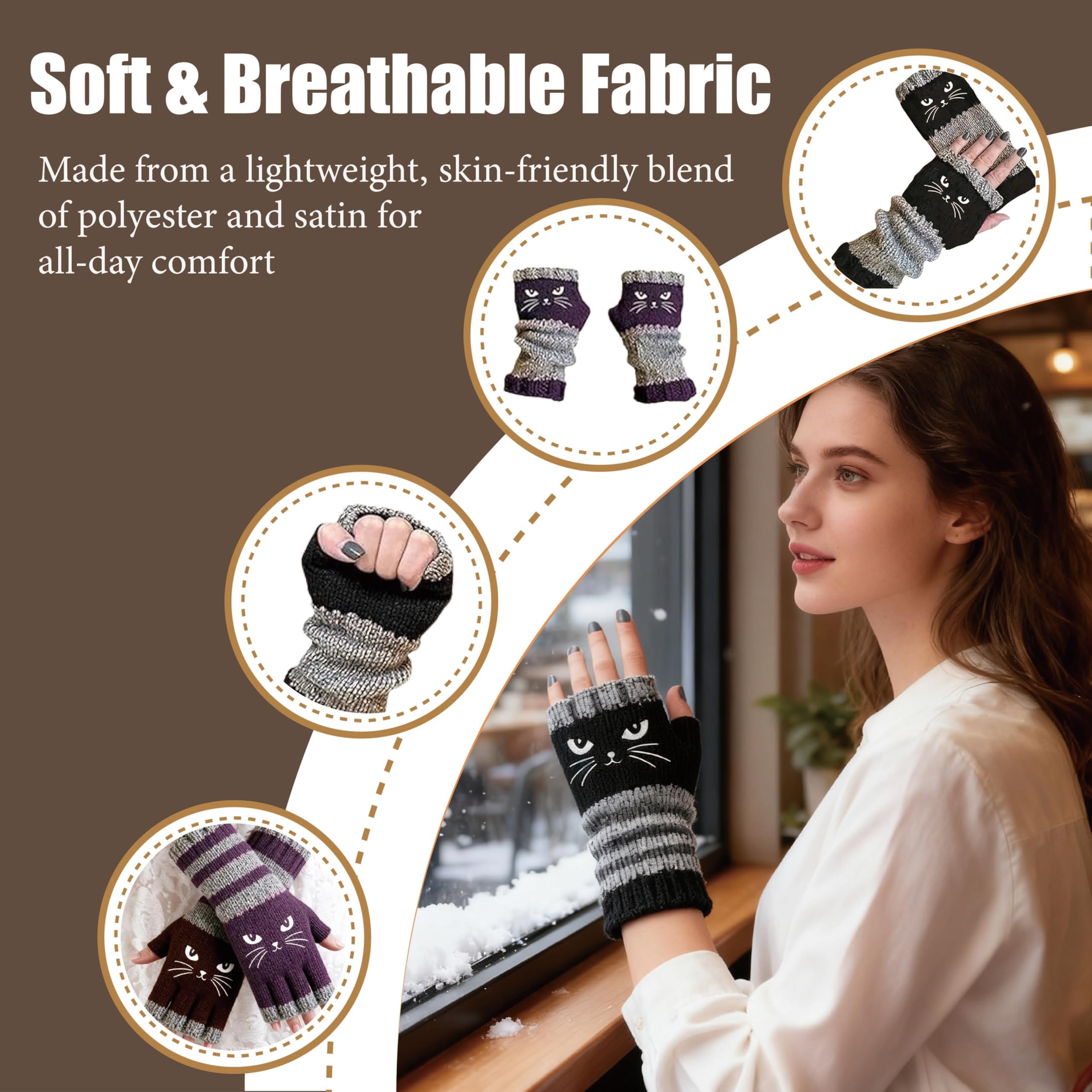 [Buy One Get One Free] These ladies' knitted fingerless gloves with cute cat embroidery patterns are comfortable and fashionable gloves suitable for casual spring wear and festive occasions.