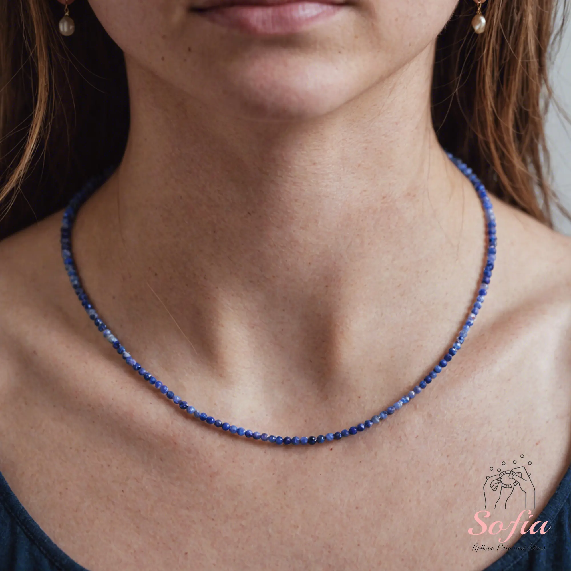Delicate Sodalite Stone Beads Choker Necklace, Tiny Dainty Faceted Gemstone Beaded Necklace, Waterproof Crystal Beaded Choker, Dainty Minimalist Style for Women Handmade Adjustable, gift for her