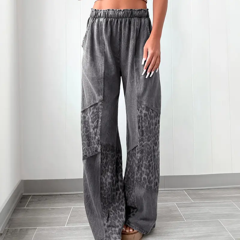 Women's Boho Leopard Patchwork H-Type Cotton Blend Pants - High-Waist Oversize Wide-Leg, Mineral Wash, 2000s Aesthetic, Chic Retro, Pockets, Casual Cafe-to-Street Fit Bottoms
