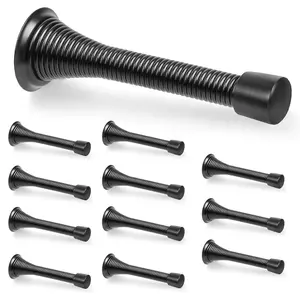 12 Pack Black Spring Door Stops, 3-1/4" Heavy Duty Wall Mount Door Stoppers, Flexible Spring Doorstops Wall Protector with Rubber Bumper Tips