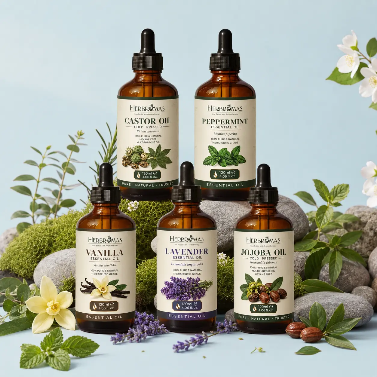 HERBROMAS Natural Oils Collection 120ml (4.06 fl oz), Lavender & Peppermint Essential Oils, Vanilla Oil, Jojoba Oil & Castor Oil for Aromatherapy, Diffuser, Hair & Skin Care, DIY Soap & Candle Making