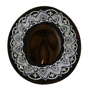 Black Wide-Brim Fedora for Women – Hand-Painted Boho Hat