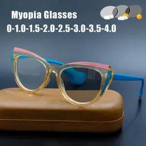 Men's and Women's Photochromic Myopia Glasses Fashion Cat Eye Comfort Large Frame Minus Diopter Eyeglasses Diopter 0 To -4.0