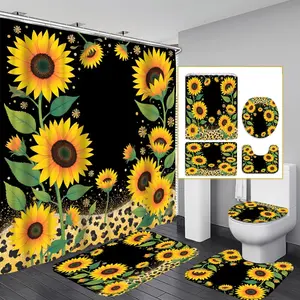 1pc/4pcs 2D Flat Sunflower Pattern Multi-Color Background Shower Curtain, Modern and Personalized Home Bathroom Art Decoration, Shower Curtain Set with 12 Hooks, Bathroom Non-Slip Mat, U-Shaped Non-Slip Mat, Toilet Cover, Bathroom Accessories Set