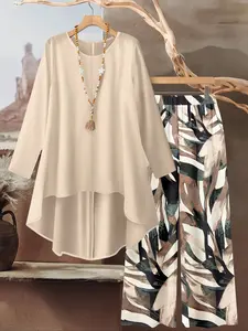 Women's round neck Fitted irregular print Woven long-sleeved top and elastic waist solid color wide-leg pants two-piece set outfit, suitable for Beach, seaside vacations, lazy time, daily outings, holidays, home, casual wear
