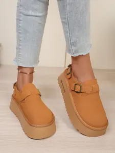 Women's New Caramel & Light Heeled Platform Shoes, Slip Ons, Velcro Closure, Thick Sole, Casual Comfortable Spring Summer Workwear
