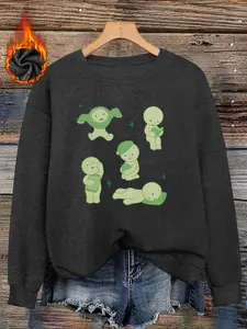 Cute Smiski Cartoon Print Faux Sweater, Long Sleeve Round Neck Pullover, Soft Elastic Fabric, Casual Fall & Winter Top for Women