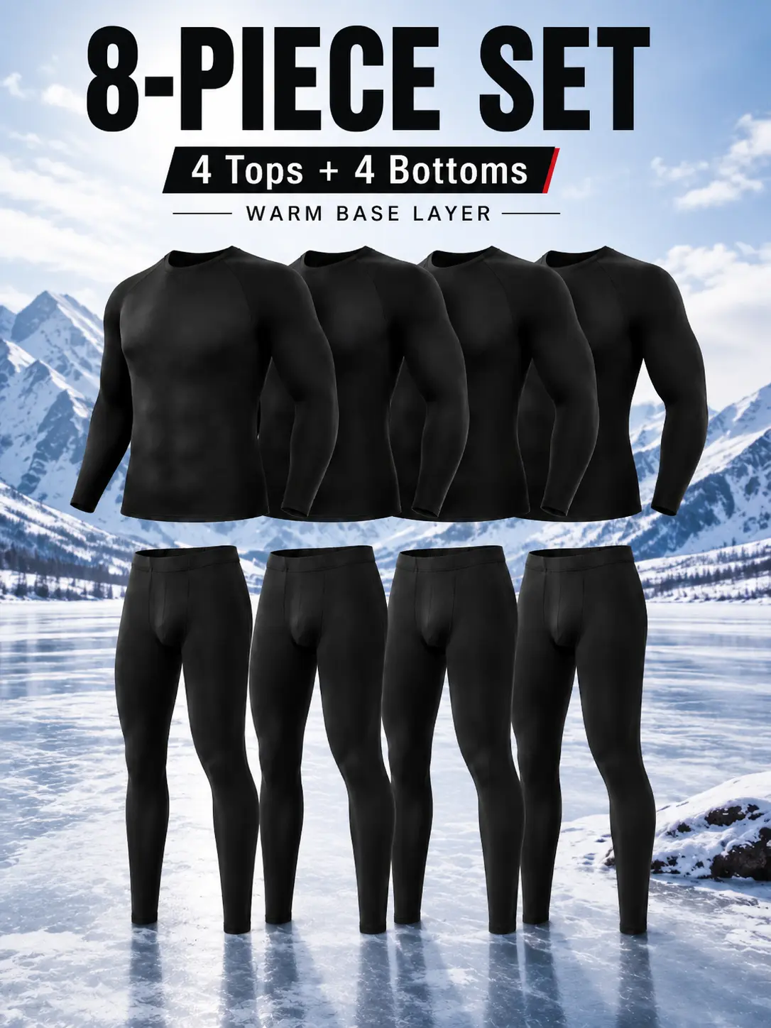 Men's 4/8-Piece Sports Thermal Underwear Set, Lightweight Fleece-Lined Long Johns, 4-Way Stretch Warm Base Layer for Cold Weather & Winter Outdoor