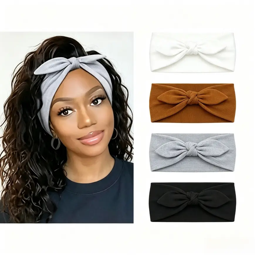 4Pcs Solid Color Bow Twist Knotted Headbands, Soft Elastic Wide Turban Head Wraps for Ladies, Breathable Non-slip Hair Accessories Suitable for Fitness, Travel, Running and Everyday Styling