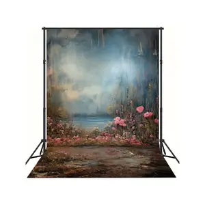 1PC,2D Flat Vintage Oil - painting Style Backdrop with Lake and Flower Sea, 180×230cm Photography Background for Birthday Party Decoration, Photo Props & Indoor Scene Setting (Stand Not Included