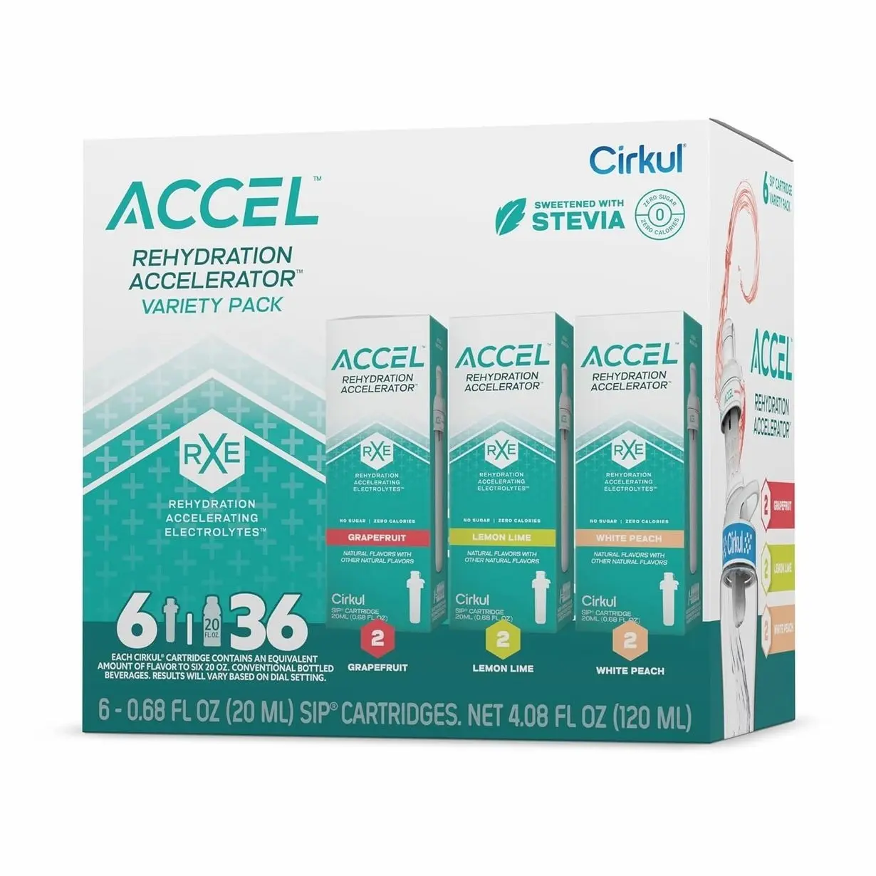 Cirkul Accel Electrolytes Flavor Water Variety Pack, Makes 36 Drinks, No Sugar, Zero Calorie Drink Mix, (2 Grapefruit, 2 Lemon Lime, 2 White Peach)