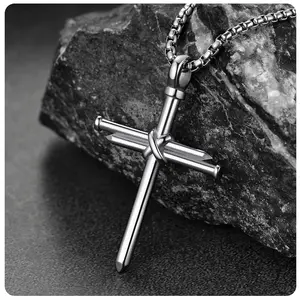 Stainless Steel Nail Cross Necklace for Men Strength Bible Cross Pendant Necklace for Men
