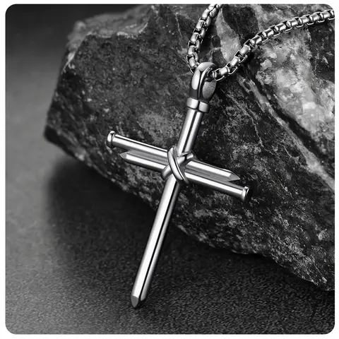 Stainless Steel Nail Cross Necklace for Men Strength Bible Cross Pendant Necklace for Men