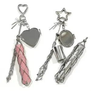 1-Piece Women's Lipstick Set with Mirror Keychain, Portable Lip Gloss Holder Keychain - Millennium Silver Makeup Pouch, Cute Accessory Gift, Everyday Fashion Item
