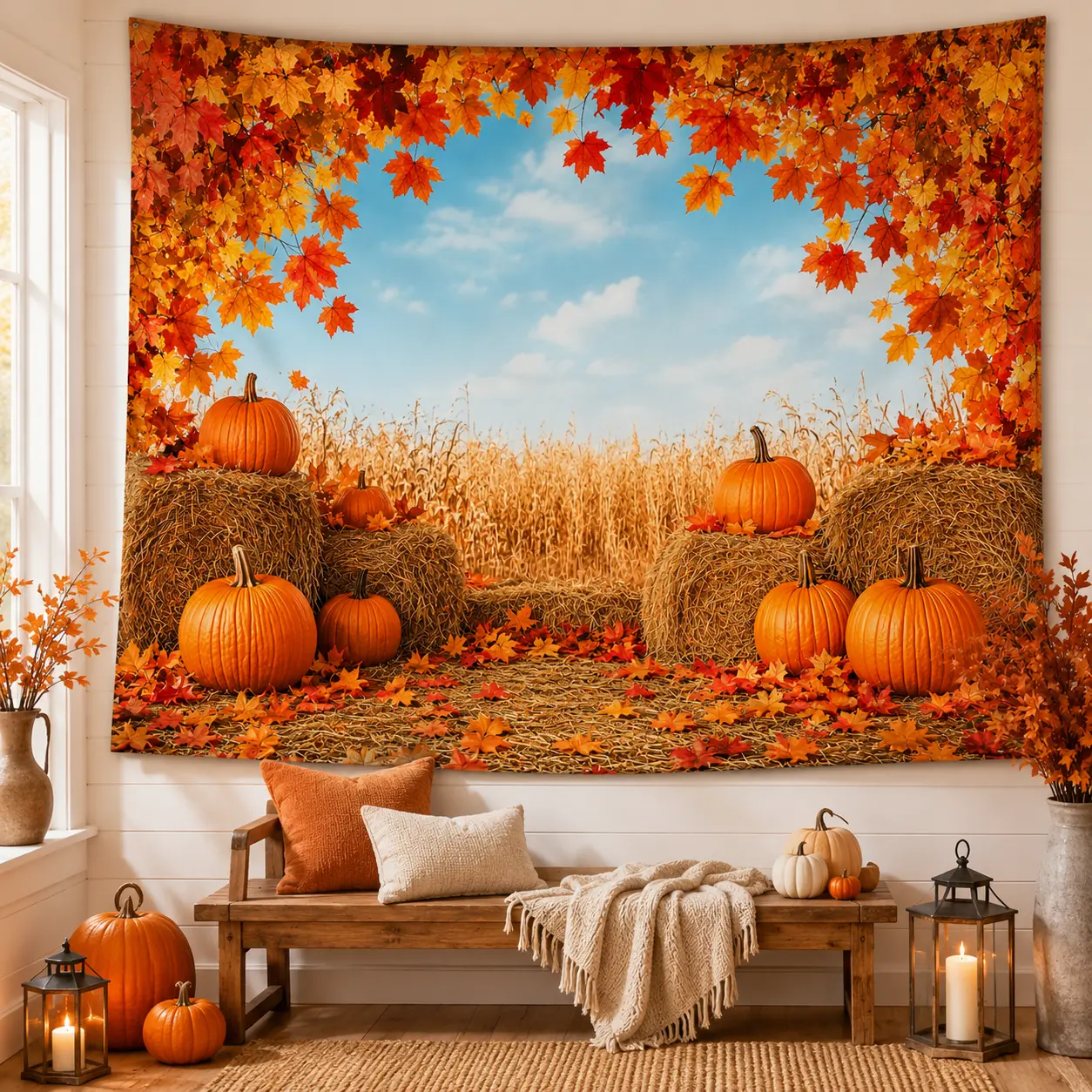 Colorful Fall-Forest-01 Polyester Indoor Tapestry, Autumn Landscape Wall Hanging, Pumpkin Harvest Rustic Farmhouse Decor for Living Room, Bedroom