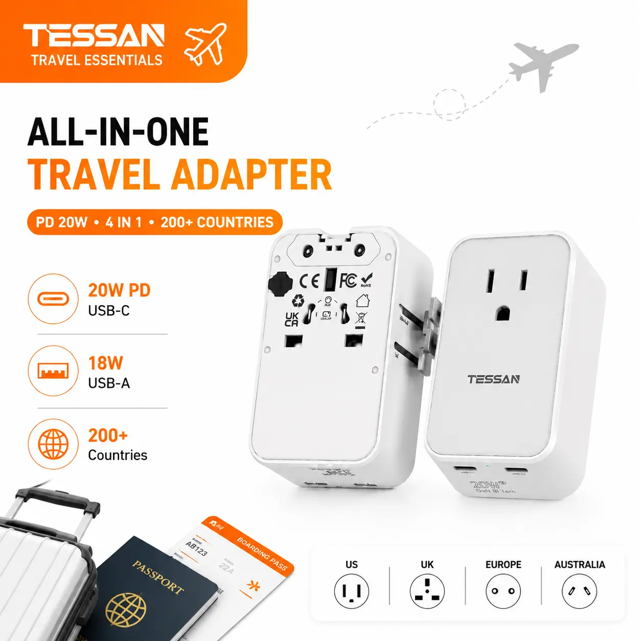 TESSAN Ultra Slim International Travel Adapter, 20W/25W/70W Universal Power Plug with 2 USB-C Ports & 1 USB-A, US to European UK Spain Italy England New Zealand, Type C/G/A/I