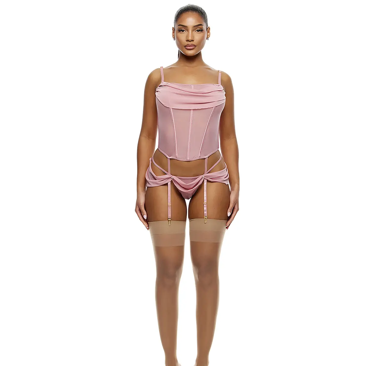 Forplay Princess Treatment 2-Piece Draped Mesh Bustier Lingerie Set - Mauve