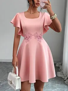Elegant A Line Mini Dress for Women O Neck Short Batwing Sleeves Appliques High Waist Formal Bridal Showers Cocktail Party Gowns