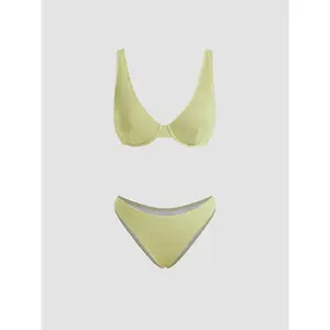 Cider Ribbed V-neck Underwire Cheeky Bikini Set