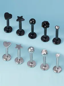 Set of 5 Heart & Star Labret Studs, Rhinestone Accents, Ideal for Ear Lobe & Lip Piercings, 16g Medusa Rings, Monroe, Helix, Tragus Studs