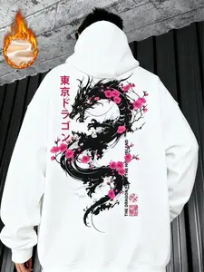 Men's Tokyo Dragon Cherry Blossom Hoodie, Long Sleeve | Oversized Fit, Japanese Kanji Print & Fleece Lining | Trendy Streetwear Essential | Perfect for Asian-Inspired & Edgy Urban Style Enthusiasts