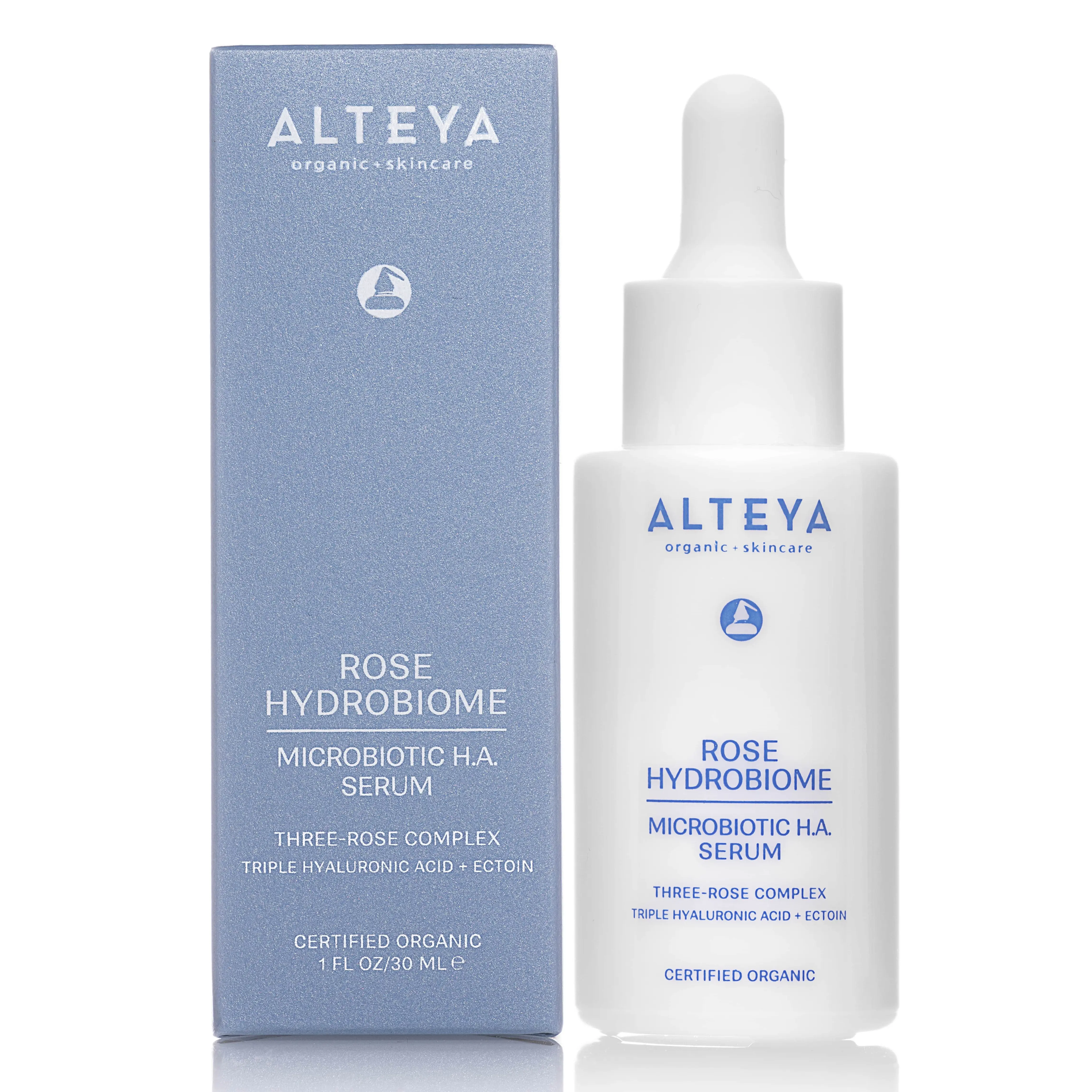 Alteya Certified Organic Microbiotic HA Serum - 3 Hyaluronic Acid + Ectoin Facial Serum, Moisturizer for All Skin Types, Deeply Hydrates, Lasts 18 Months