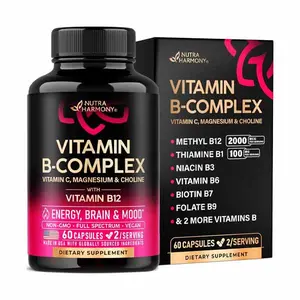 Vitamin B Complex for Men & Women - Riboflavin B2, B12, B1, B3, B5, B6, B7, B8, B9 | Vitamin C, Choline, Inositol - B-Complex Supplement - Energy, Brain & Heart Support - Made in USA, 60 Vegan Caps