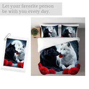 Romantic Wolf Rose Duvet Cover Set, Mixed Color, Multiple Specifications Available, Soft Comfortable Bedding, Perfect for Bedroom Decor, Create Serene Atmosphere with Moonlit Forest Wolves & Roses Design