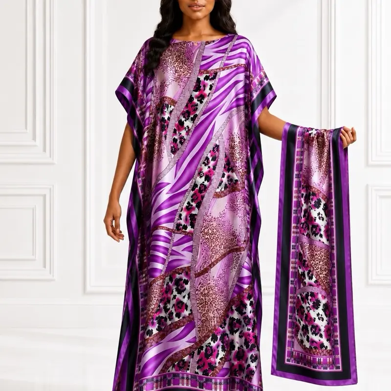 Elegant Floral Moo Moo Kaftan Maxi Dress with Matching Head Scarf | One Size Fits Most
