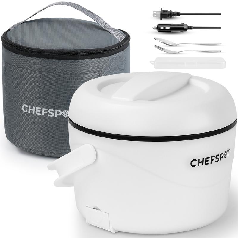 CHEFSPOT 37oz Electric Lunch Box Portable Food Warmer for Car & Home 12V/110V Heated Lunch Box with Stainless Steel Container Leak-Proof BPA-Free Includes Bag & Utensils