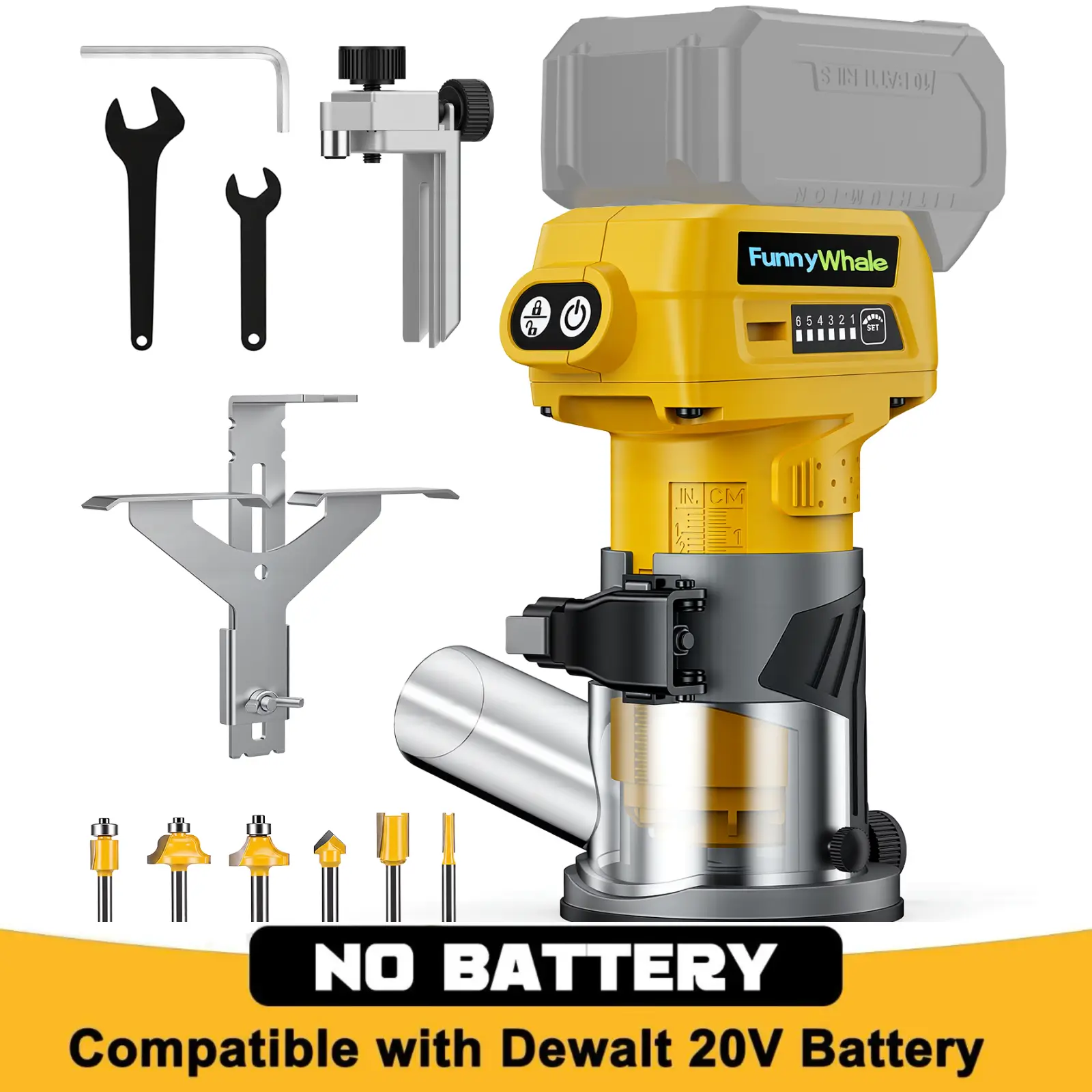 FunnyWhale Cordless Wood Router Compatible with DeWalt 20V Battery(No Battery) | 30000RPM Brushless Motor,6 Speeds,Depth Adjustment,Aluminum Base,LED Light and 1/4" Shank Router Bits for Woodworking
