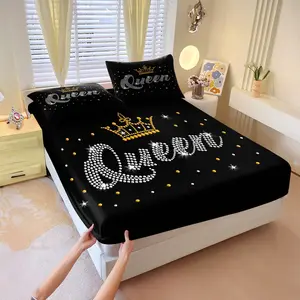 The Queen Crown themed fitted sheet set,1 fitted sheet & 2 pillowcases without filler, adorned with diamond accents, a noble & elegant style, a perfect choice for a sophisticated girl's bedroom, suitable for gifting or personal use, ideal for all seasons.