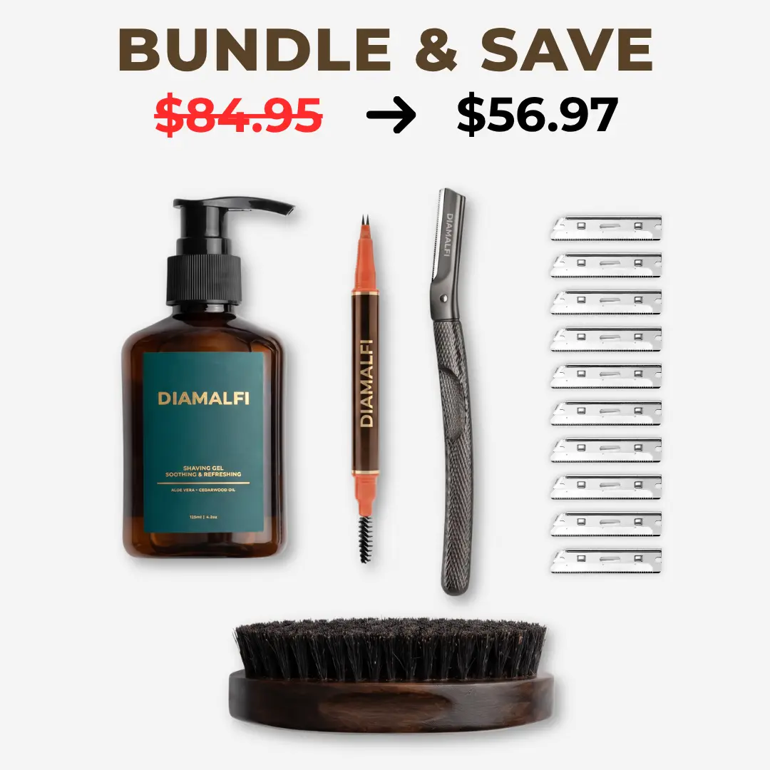 DIAMALFI Signature Beard Grooming Kit for Men – Beard Filler Pencil, Safety Razor, Shaving Gel, 10 Replacement Blades & Beard Brush