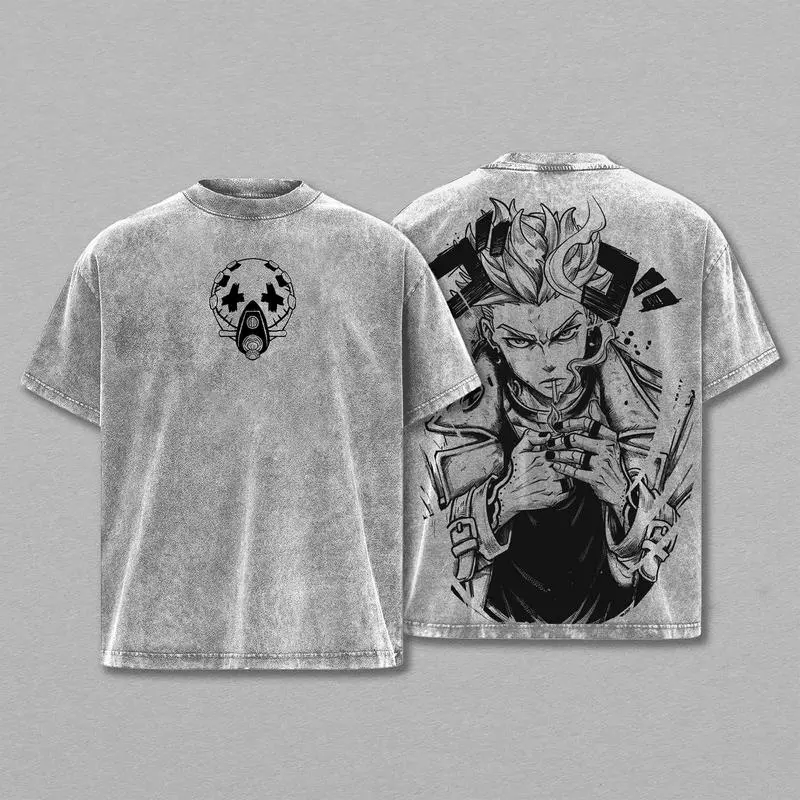 Women's Enjin Gachiakuta Heavy Cotton Oversized Washed Short-Sleeve Round Neck T-Shirt - Casual Classic Cyberpunk Manga Antihero Graphic Streetwear Unisex Fabric Top, Shortsleeve, Tshirt, Vintage Graphic, Unisex Retro Top, Gritty Manga, Crew Neck