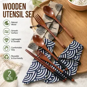 Reusable Wooden Utensil Set for Camping & Travel – 2 Sets with Carry Pouch
