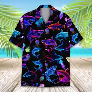 Neon Shark Hawaiian Shirt For Men Women Youth, Shark Aloha Shirt Short Sleeve Button Down, Cyberpunk Jellyfish Nautical Shirt