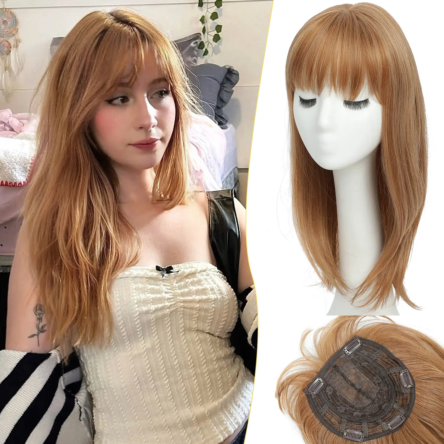 Real Human Hair Topper with Bangs for Thinning Hair 18 Inch Paneway Hair Topper With Bangs 18inch Straight Hair Toppers  main image 4