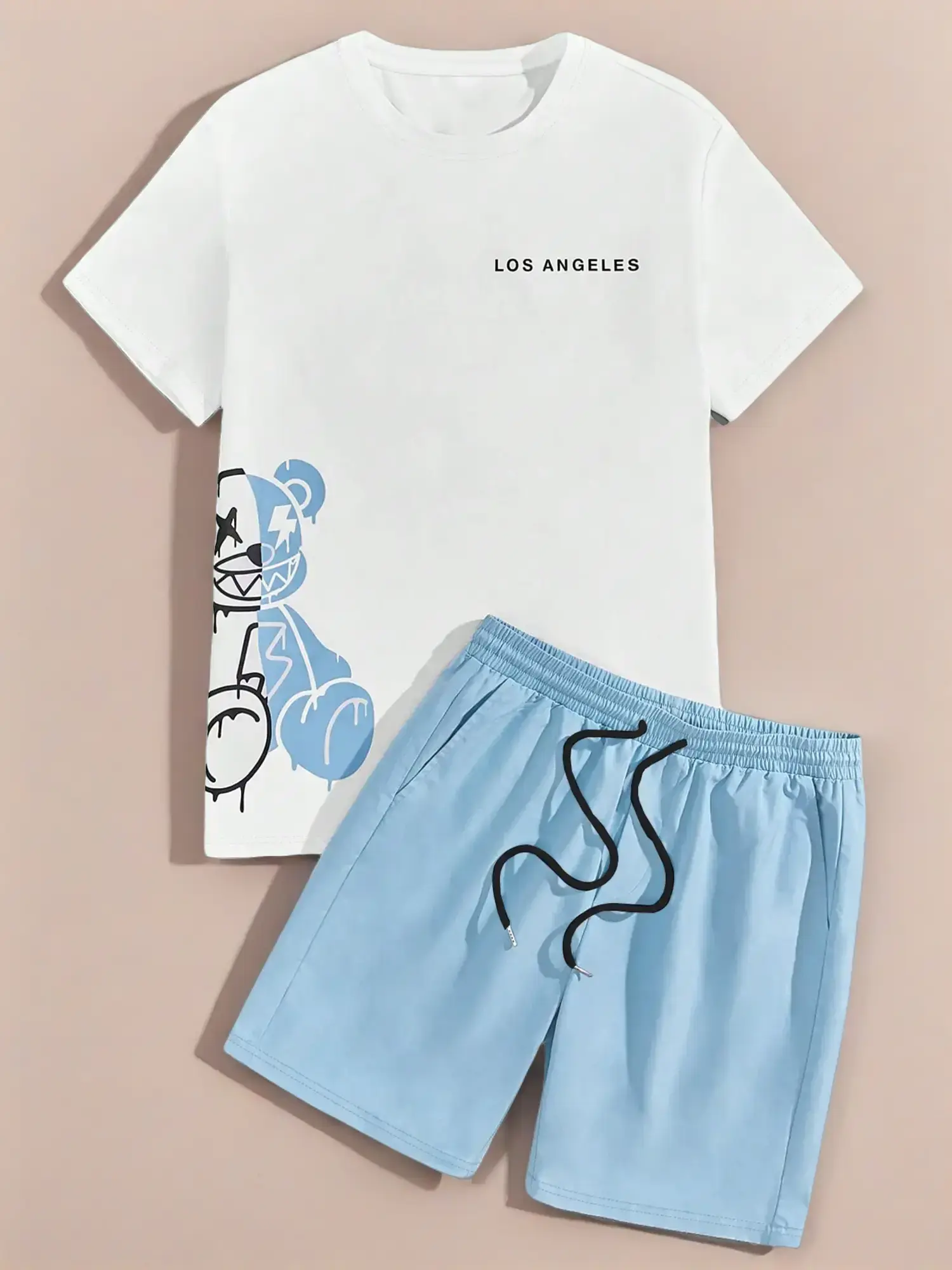 Two-Piece Set Men's Cartoon Bear & Letter Print Short Sleeve Tee & Shorts Set, Regular Fit Casual Round Neck T-shirt & Track Shorts, Summer Clothes Se