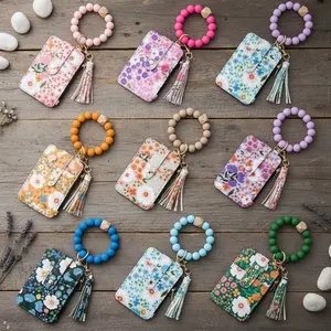Of Flower Printed PU Coin Purse, Bead Wrist Key Ring, Tassel Card Bag, Small Floral Keychain, Bohemian Style Wallet, Key Ring, Holiday Gift, Gift for Friends